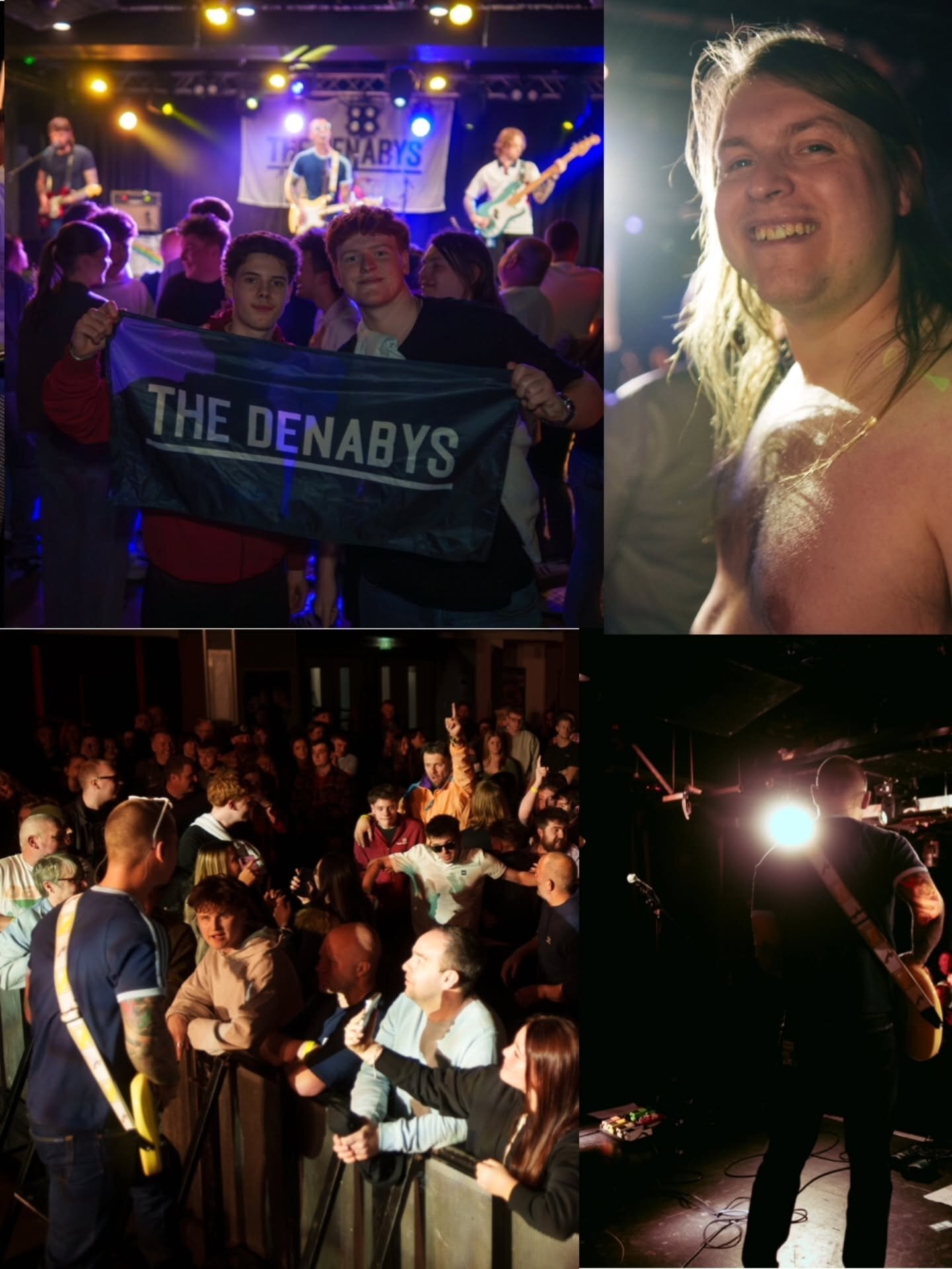The Denabys fans holding a band flag, crowd shots and a smiling fan at a Denabys gig